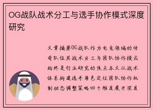OG战队战术分工与选手协作模式深度研究
