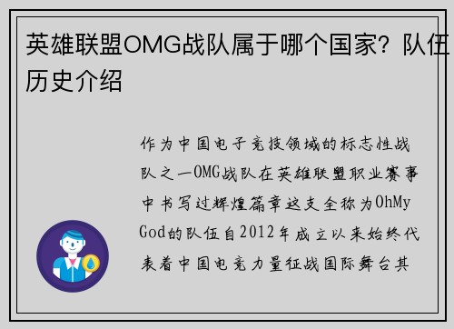 英雄联盟OMG战队属于哪个国家？队伍历史介绍