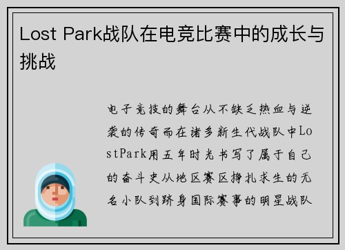 Lost Park战队在电竞比赛中的成长与挑战