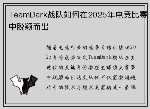TeamDark战队如何在2025年电竞比赛中脱颖而出