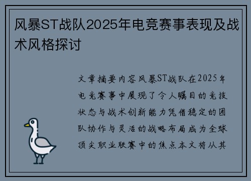风暴ST战队2025年电竞赛事表现及战术风格探讨
