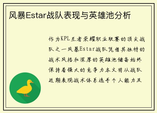 风暴Estar战队表现与英雄池分析