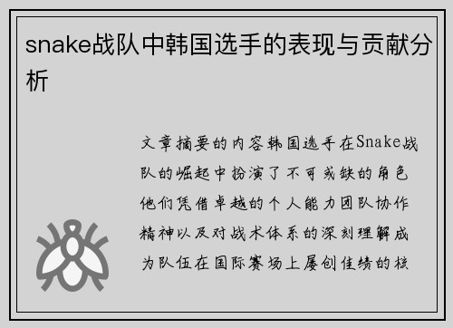 snake战队中韩国选手的表现与贡献分析
